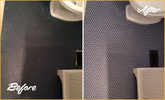 Before and After Picture of a Enetai Blue Tile Floor Recolored Grout