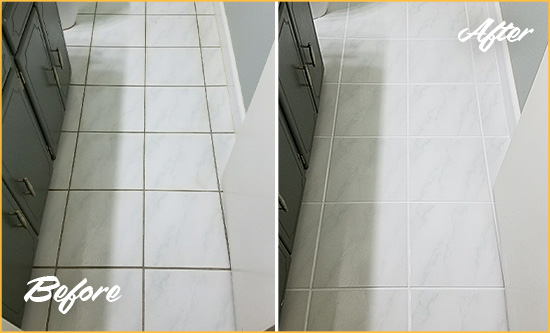 Before and After Picture of a Camp Murray White Ceramic Tile with Recolored Grout