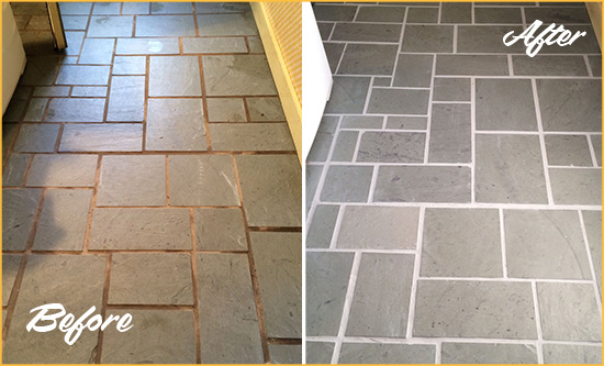 Before and After Picture of Damaged Bryn Mawr-Skyway Slate Floor with Sealed Grout