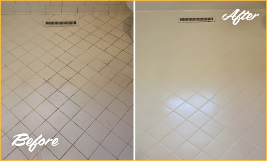 Before and After Picture of a Cumberland White Bathroom Floor Grout Sealed for Extra Protection