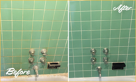 Before and After Picture of a Buckley Bath Tub Grout Sealed to Avoid Water Damage