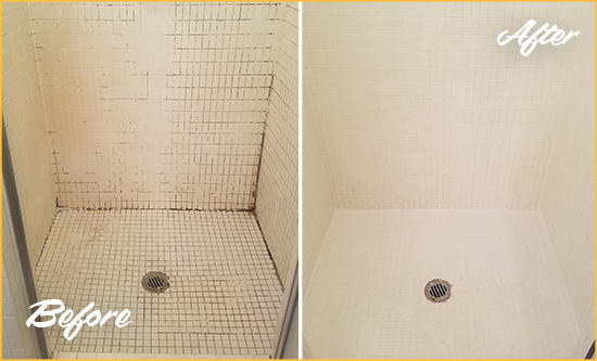 Before and After Picture of a Enetai Bathroom Grout Sealed to Remove Mold