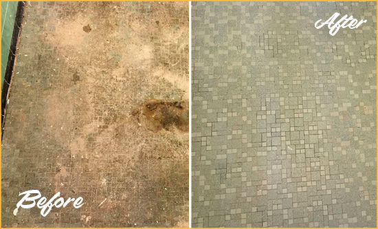 Before and After Picture of a Lake Marcel-Stillwater Mosaic Shower Cleaned to Eliminate Embedded Dirt