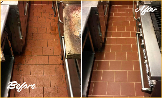 Before and After Picture of a Dull Elbe Restaurant Kitchen Floor Cleaned to Remove Grease Build-Up