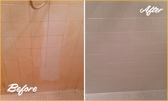 Before and After Picture of a Allyn Porcelaine Shower Cleaned to Remove Soap Scum