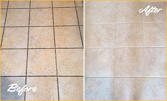 Before and After Picture of a Bangor Base Ceramic Floor Cleaned to Remove Soil