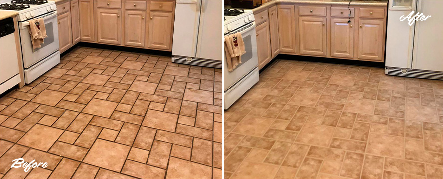 Kitchen Floor Before and After a Grout Cleaning in Tacoma