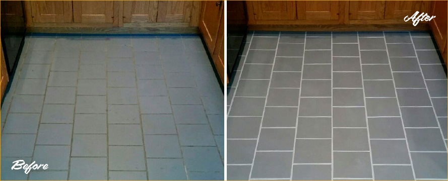 Kitchen Floor Before and After a Grout Recoloring in Yelm, WA