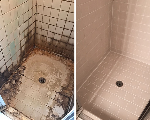 Shower Before and After Our Hard Surface Restoration Services in Lakewood, WA